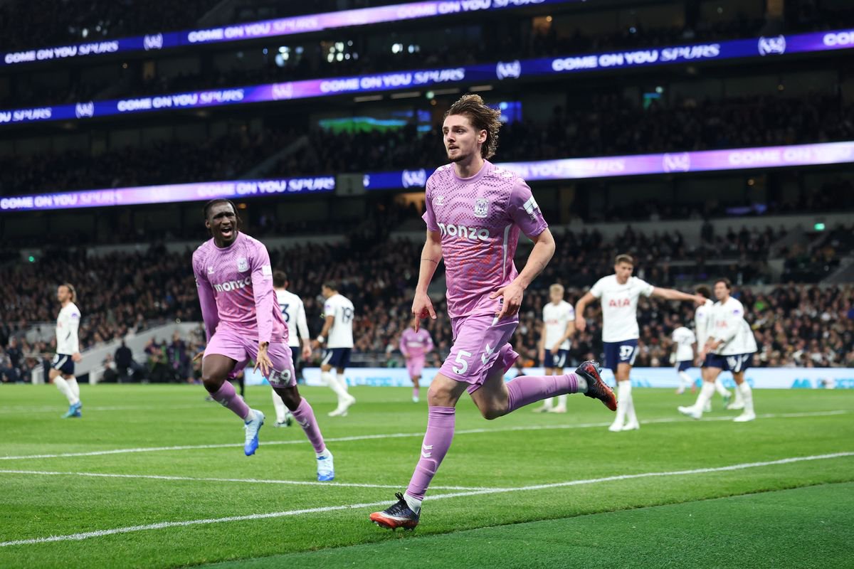 Jack Rudoni of Coventry City celebrates scoring his teams first goal during the Premier League 2026/27 match between Tottenham Hotspur and Coventry City at Tottenham Hotspur Stadium