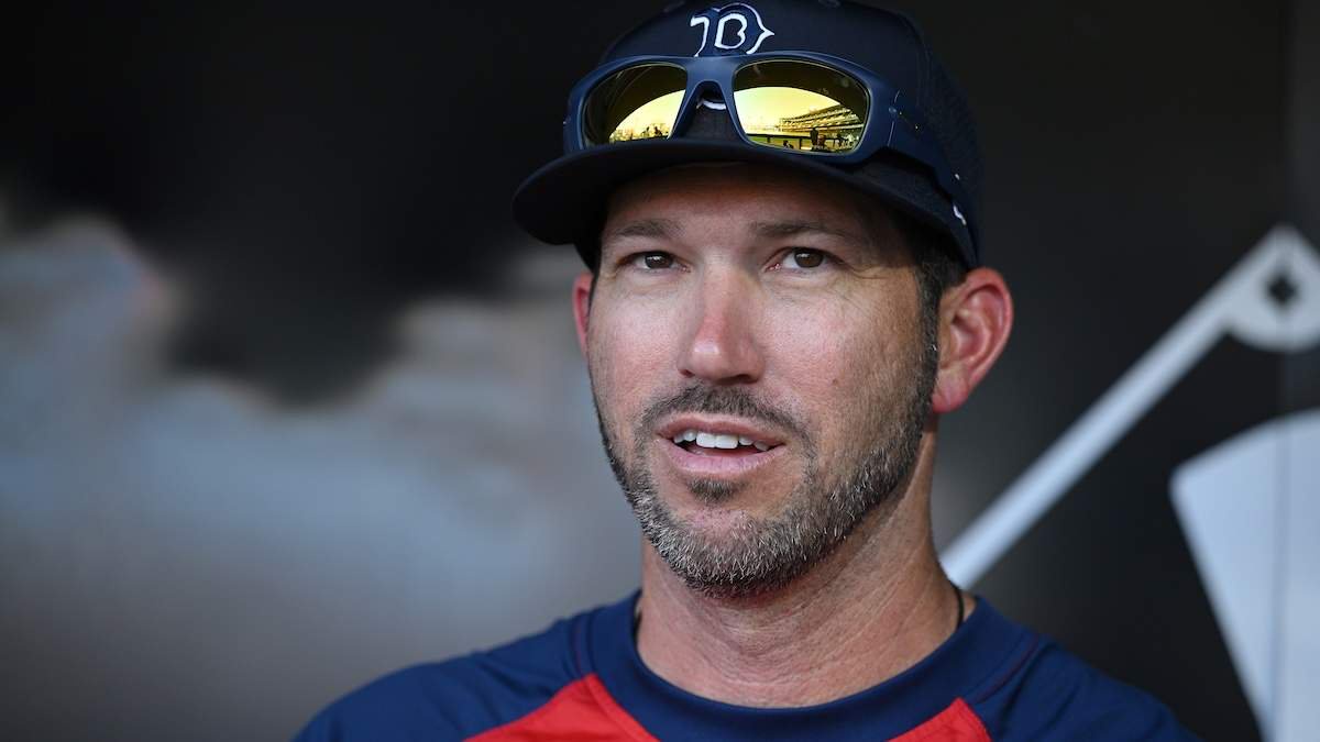 Interim manager Chad Tracy of the Boston Red Sox speaks to media