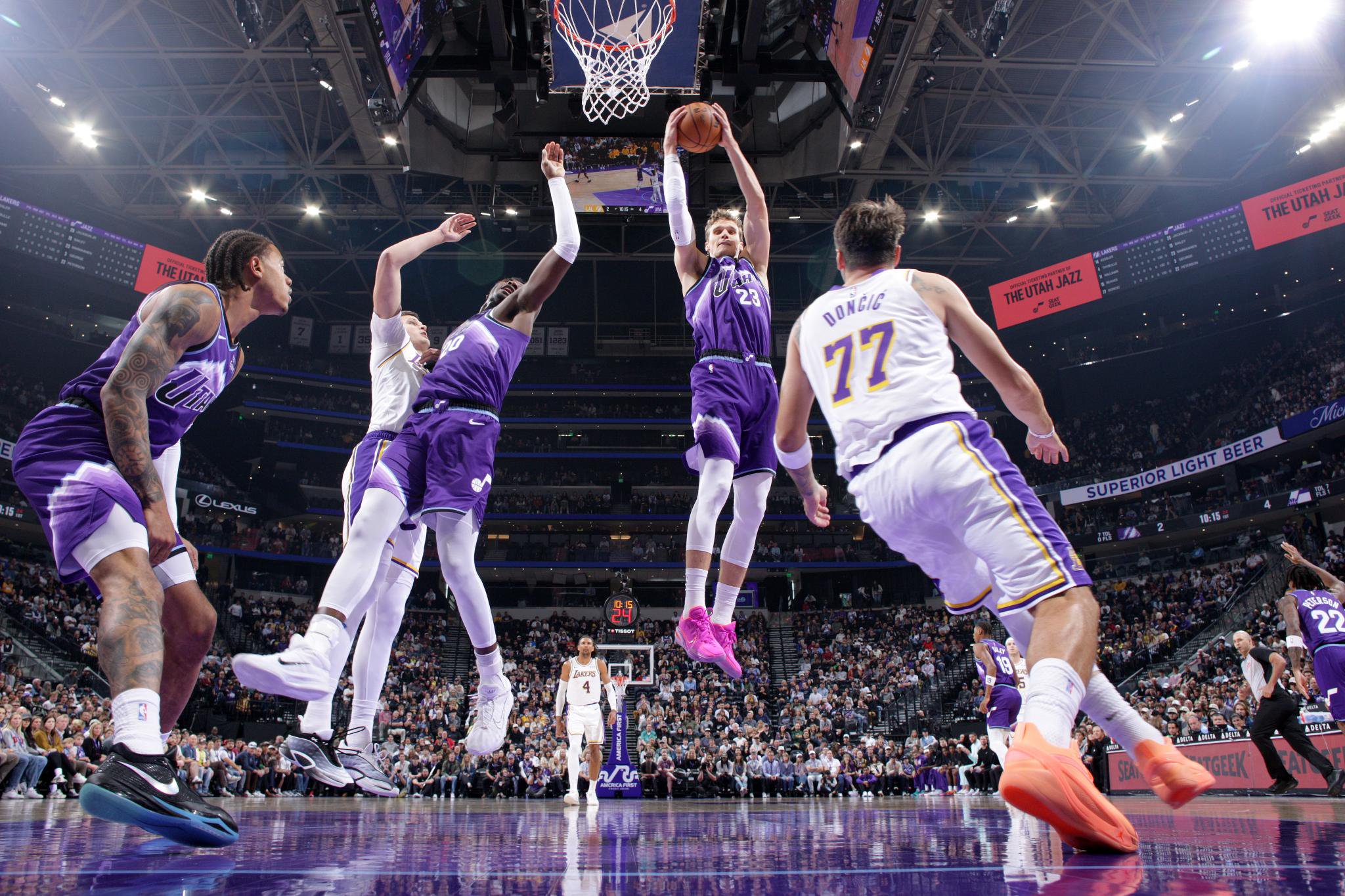 Utah Jazz's Lauri Markkanen (23) grabs a rebound against the Los Angeles Lakers during an NBA basketball game at Delta Center in Salt Lake City, Sunday, Oct. 25, 2026.