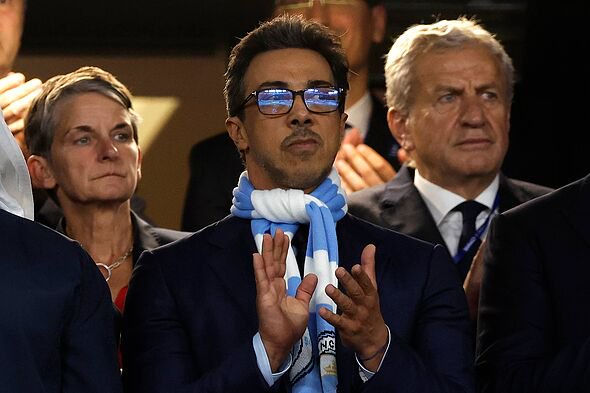 The Manchester City owner Abu Dhabi royal Sheikh Mansour bin Zayed Al Nahyan applauds his team onto the pitch before the UEFA Ch