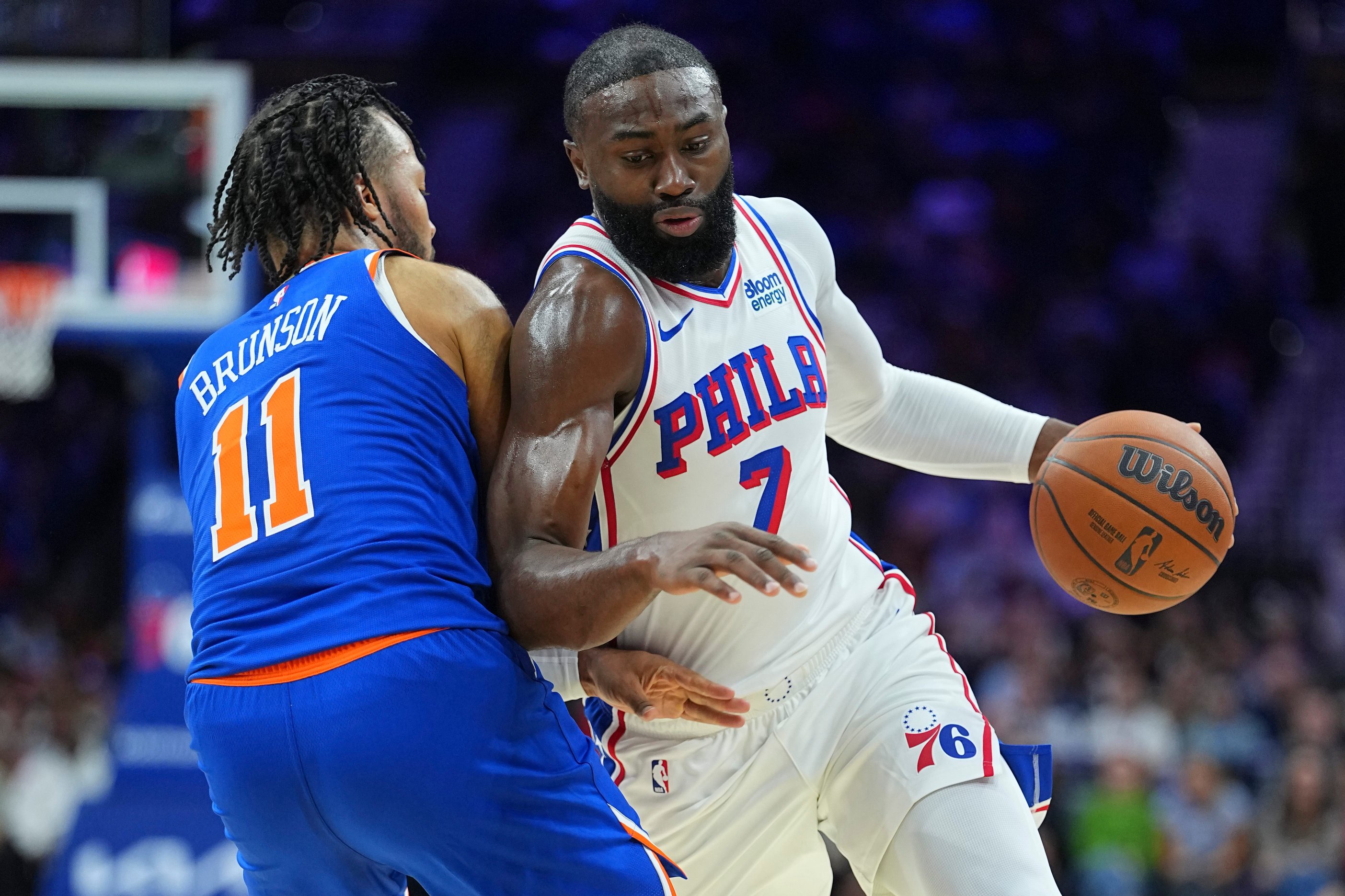 Philadelphia 76ers guard Jaylen Brown dribbles the ball against Jalen Brunson of the New York Knicks in the first quarter during the NBA preseason game at Xfinity Mobile Arena on Oct. 5, 2026 in Philadelphia.