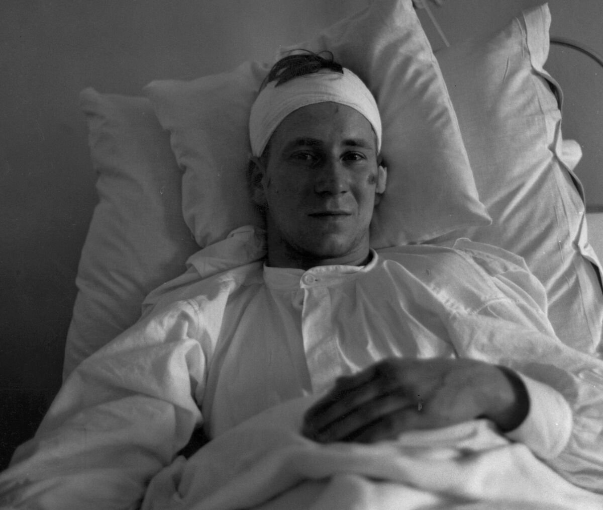 Sir Bobby Charlton, recovering in a Munich hospital bed