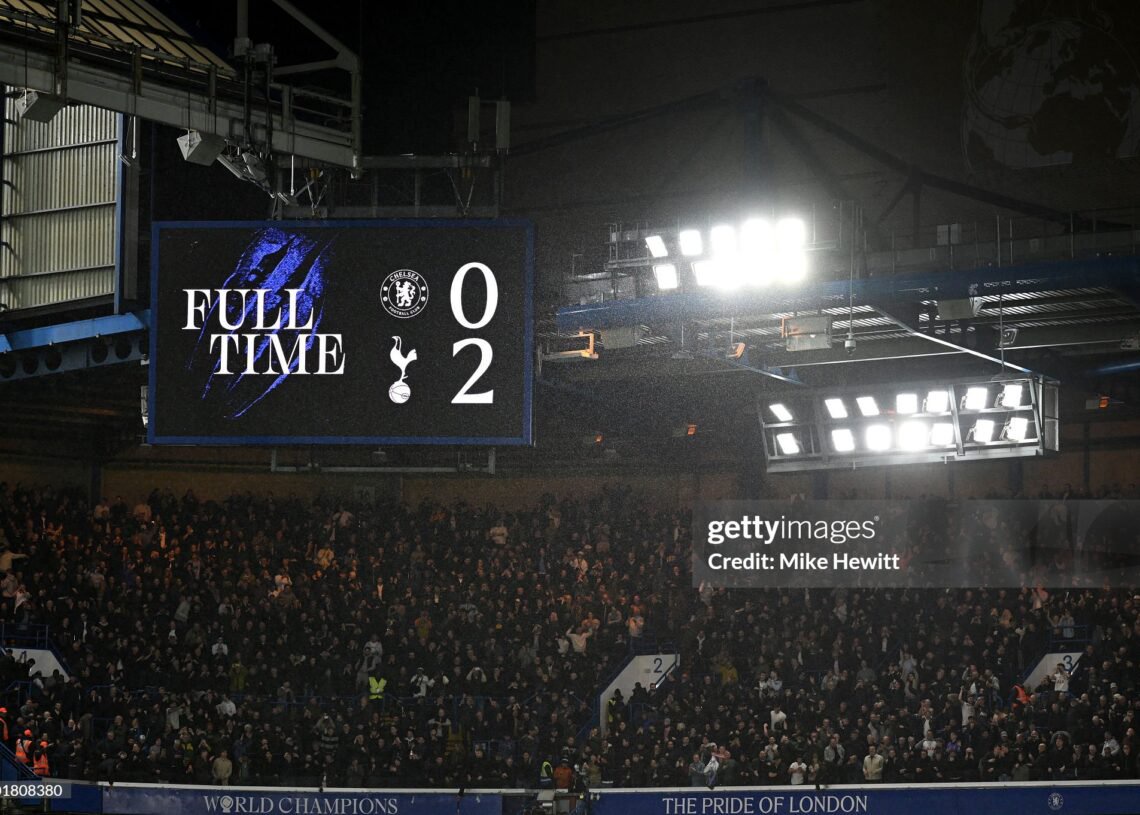 LONDON, ENGLAND - OCTOBER 24: A general view of the big screen after the Premier League 2026/27 match between Chelsea FC and Tottenham Hotspur at Stamford Bridge on October 24, 2026 in London, England. (Photo by Mike Hewitt/Getty Images)