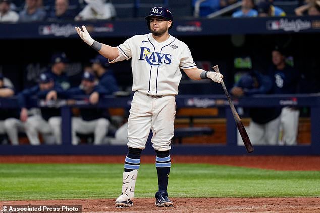 Tampa Bay Rays first baseman Jonathan Aranda looks towards the third base umpire after being called out on strikes during the eighth inning of Game 5 of baseball's World Series, Wednesday, Oct. 28, 2026, in St. Petersburg, Fla., between the Milwaukee Brewers and the Tampa Bay Rays. (AP Photo/Chris O'Meara)