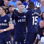 Nkunku inflates blue balloon to celebrate goal in Chelsea’s 2-1 win at Brighton in Premier League