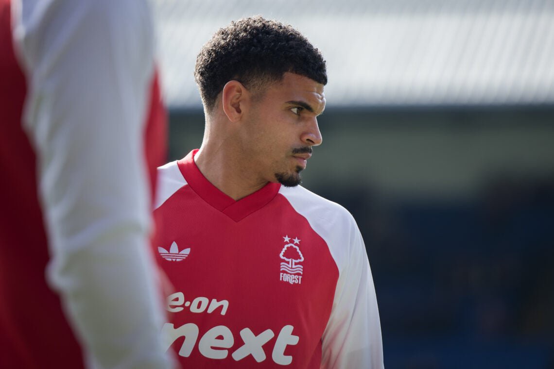 Morgan Gibbs-White in Nottingham Forest warm up top looking to the side.
