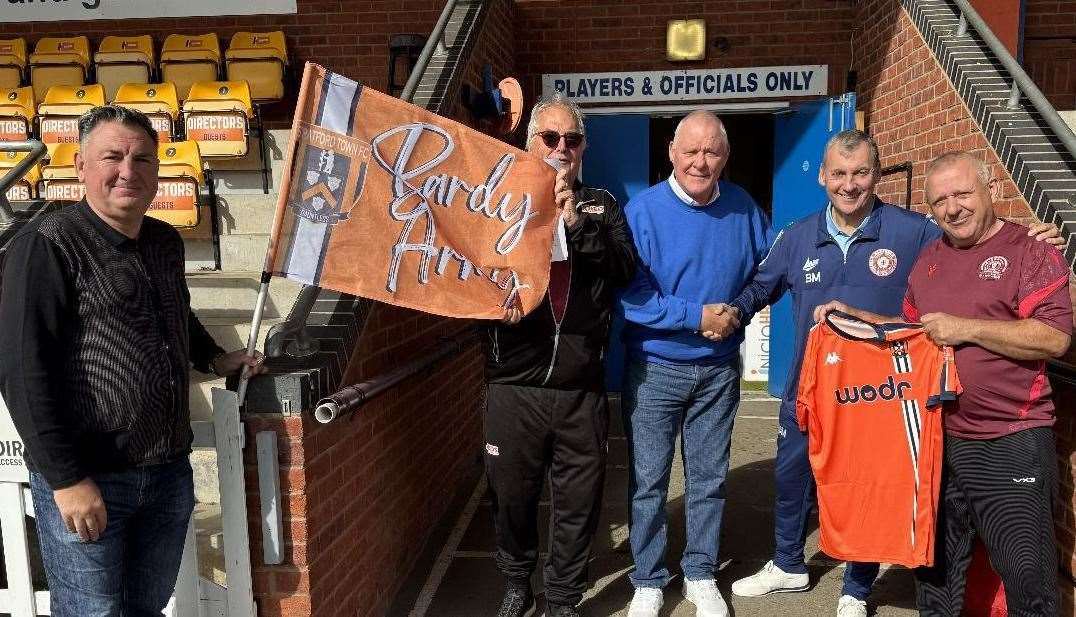 (l-r) Jed McCrory (Stratford Town chairman), Kevin Rootes (Red in the Community), Steve Shipway (Stratford Town vice-chairman), Brendan Maxwell (chair of England Walking Football and Martin Ransom (chair of Cymru Walking Football).