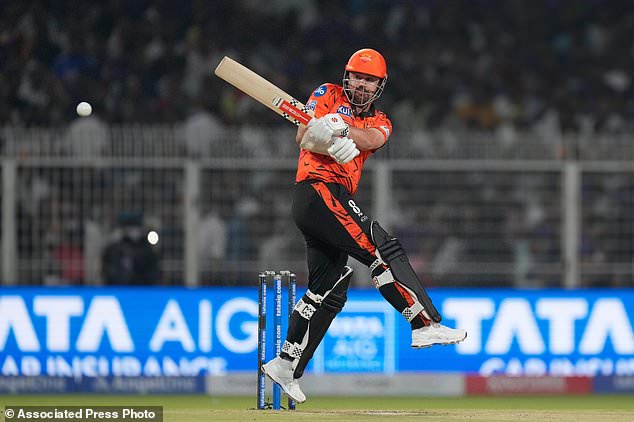 Sunrisers Hyderabad's Travis Head plays a shot during the Indian Premier League cricket match between Kolkata Knight Riders and Sunrisers Hyderabad in Kolkata, India, Thursday, April. 2, 2026. (AP Photo/ Bikas Das)