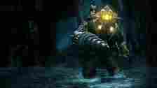 Big Daddy from Bioshock with a Little Sister walk through water