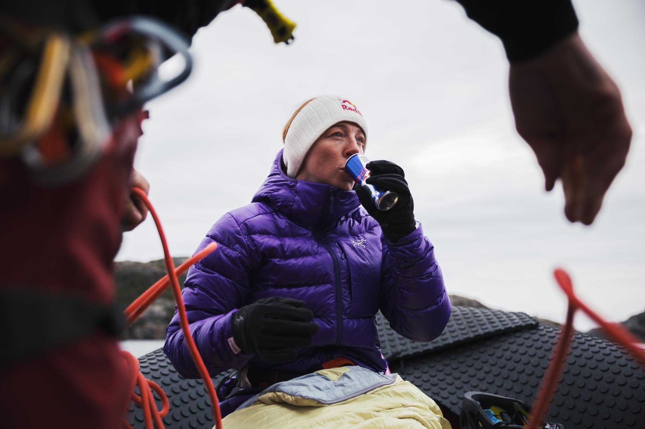 Molly Carlson prepares for her dive in the chilling Atlantic Ocean off the coast of Newfoundland, Canada.