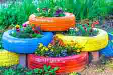 Old tires that are painted in assorted colors and used for a flower planter.