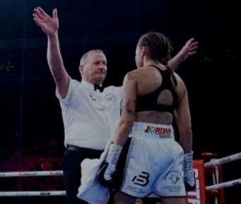 Emma Dolan's rematch with Shannon Ryan is waved off by referee Howard Foster. Picture: Matchroom Boxing