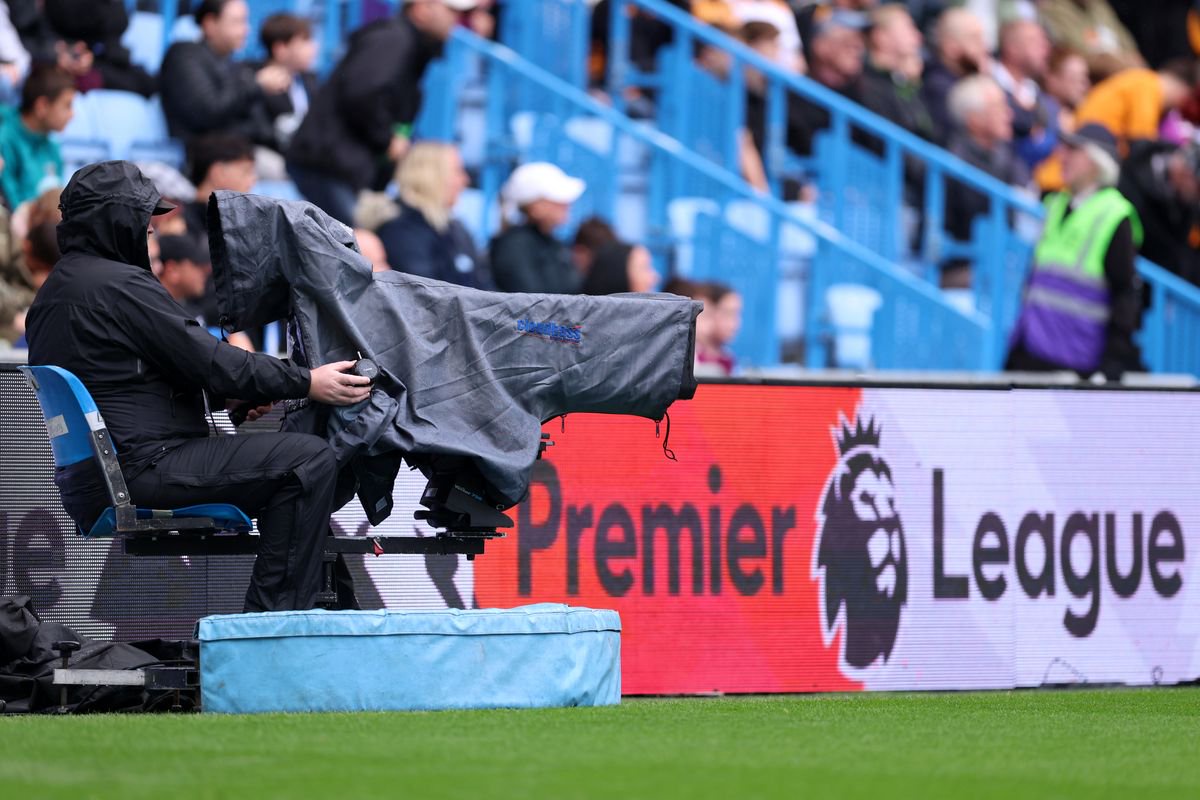 COVENTRY, ENGLAND - AUGUST 29: A telelvision camera alongside the Premier League logo during the Premier League 2026/27 match between Coventry City and Hull City at The Coventry Building Society Arena on August 29, 2026 in Coventry, England. (Photo by Catherine Ivill - AMA/Getty Images)