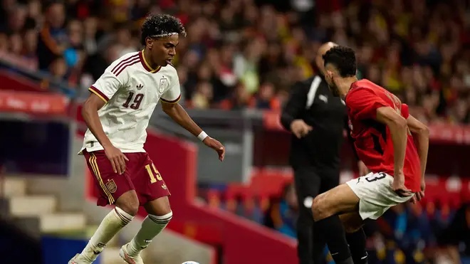 Lamine Yamal of Spain in action during an international friendly match between Spain and Egypt