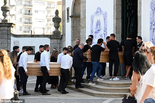 The coffins of Jota And Silva were carried by family, former teammates and friends into the Igreja Matriz de Gondomar where the funeral was held