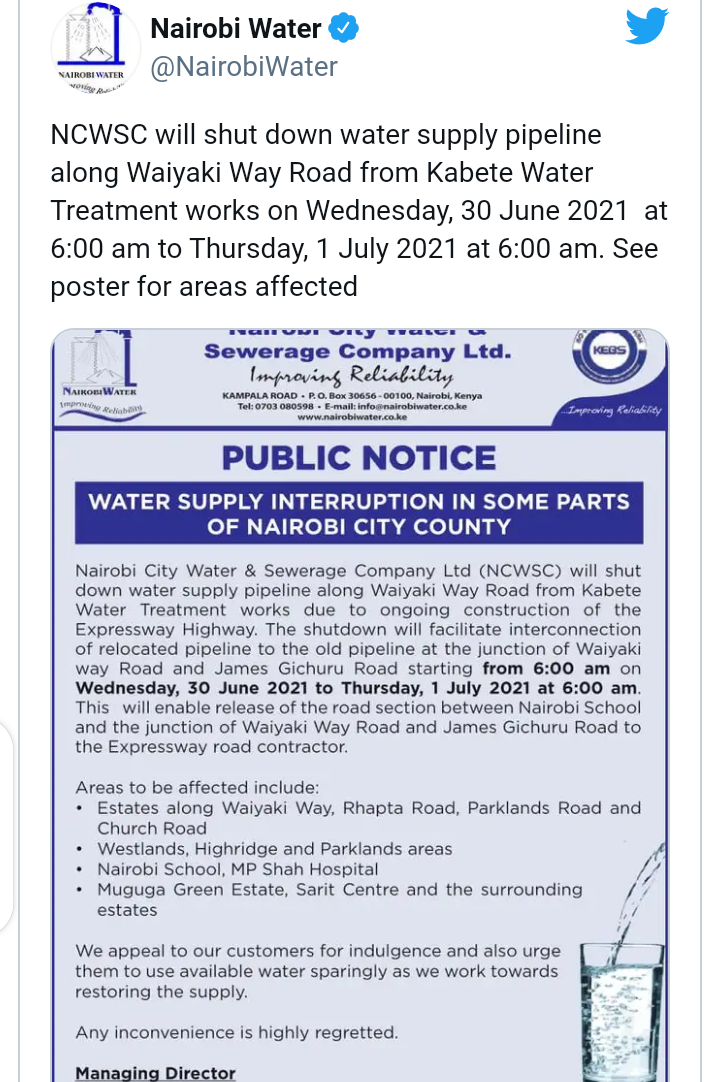 Nairobi Water Would Cut Off Supply Along Waiyaki Way ...