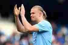 Erling Haaland of Manchester City applauds the supporters at full-time following the Premier League match between Manchester City and Wolverhampton...