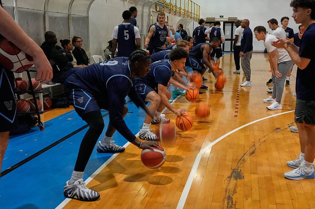 The Villanova men's basketball team takes part in a training session in Rome, Thursday, Oct. 29, 2026. (AP Photo/Gregorio Borgia)