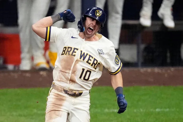 <p>The Brewers’ Sal Frelick celebrates his game-tying home run during the sixth inning of Game 2 of the World Series on Saturday night in Milwaukee.</p>
                                 <p>David J. Phillip | AP photo</p>