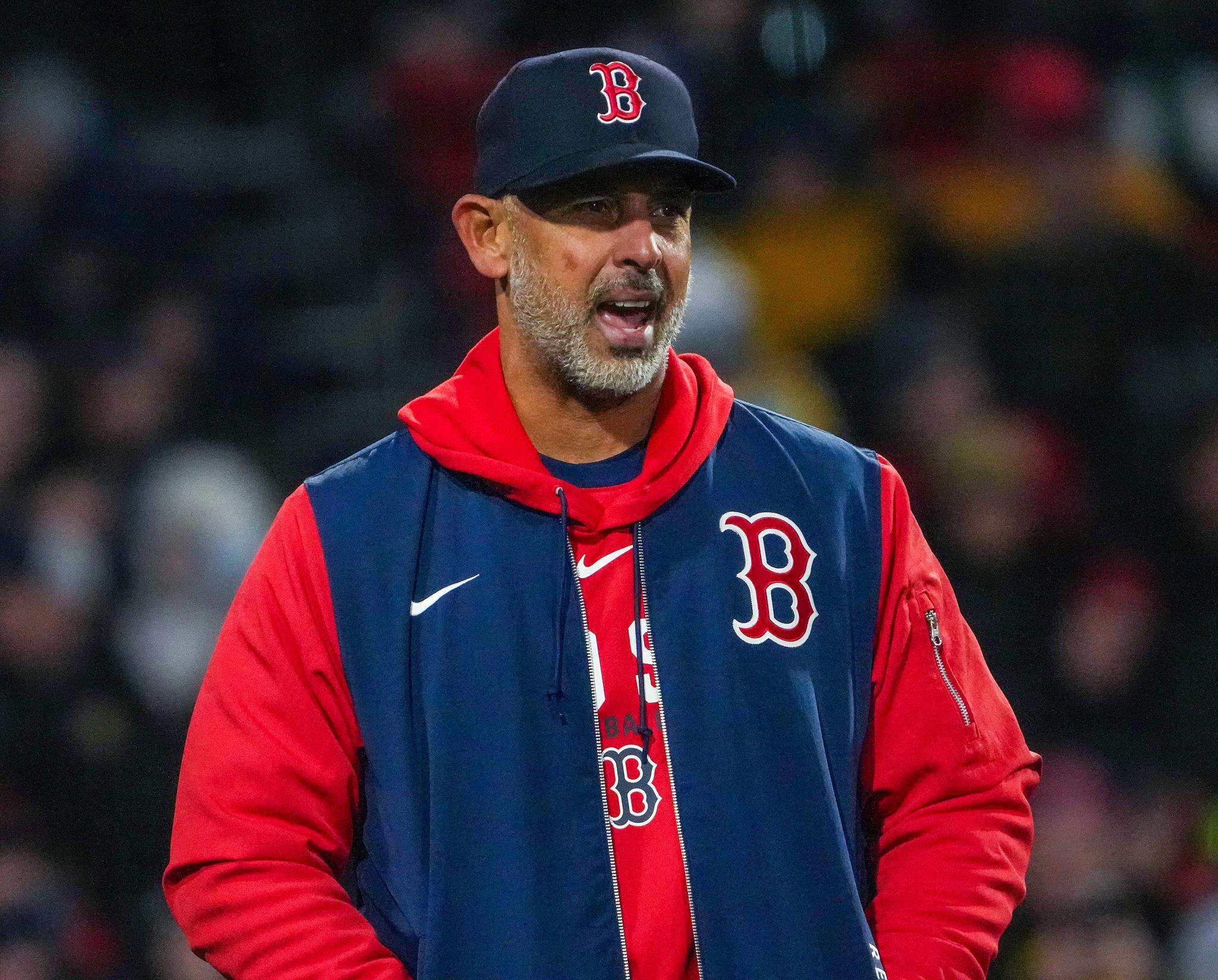 Alex Cora during a Red Sox-Brewers game at Fenway Park on April 7, 2026.