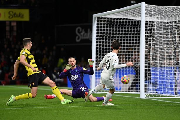 WATFORD, ENGLAND - DECEMBER 04: Bernardo Silva of Manchester City scores their side's second goal during the Premier League match between Watford and Manchester City at Vicarage Road on December 04, 2021 in Watford, England. 