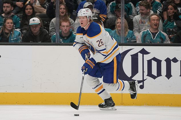Buffalo Sabres defenseman Rasmus Dahlin (26) skates with the puck against the San Jose Sharks during the first period of an NHL hockey game, Tuesday, Oct. 27, 2026, in San Jose, Calif. (AP Photo/Jeff Chiu)