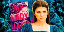 Emily Bader as Jane Grey is next to the My Lady Jane book cover.