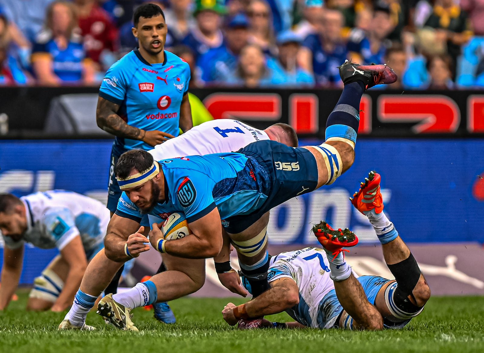 Marcell Coetzee of the Vodacom Bulls is tackled by Will Connors of Leinster. Photograph: Steve Haag Sports/Christiaan Kotze/Inpho
