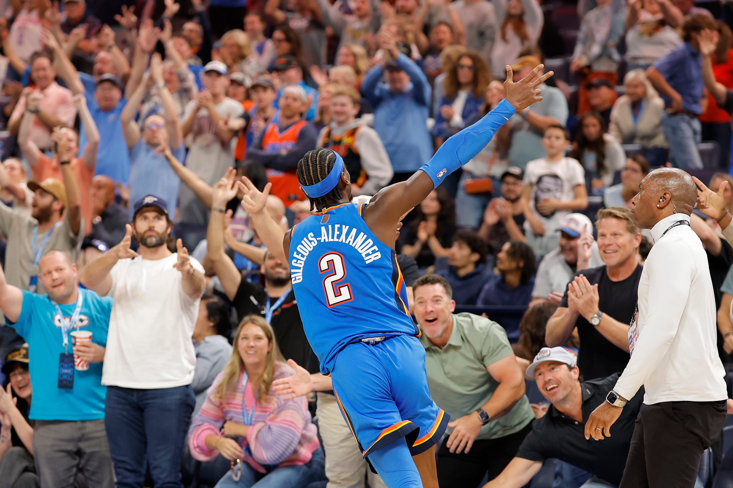 Oct 22, 2026; Oklahoma City, Oklahoma, USA; Oklahoma City Thunder guard Shai Gilgeous-Alexander (2) gestures to fans after scoring against the Denver Nuggets during the fourth quarter at Paycom Center. Mandatory Credit: Alonzo Adams-Imagn Images