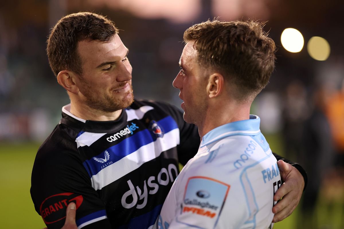 BATH, ENGLAND - OCTOBER 31: Ben Spencer of Bath embraces George Ford of Sale Sharks following the Gallagher PREM 2026/2027 match between Bath Rugby and Sale Sharks at The Recreation Ground on October 31, 2026 in Bath, England. (Photo by Dan Mullan/Getty Images for Sale Sharks)