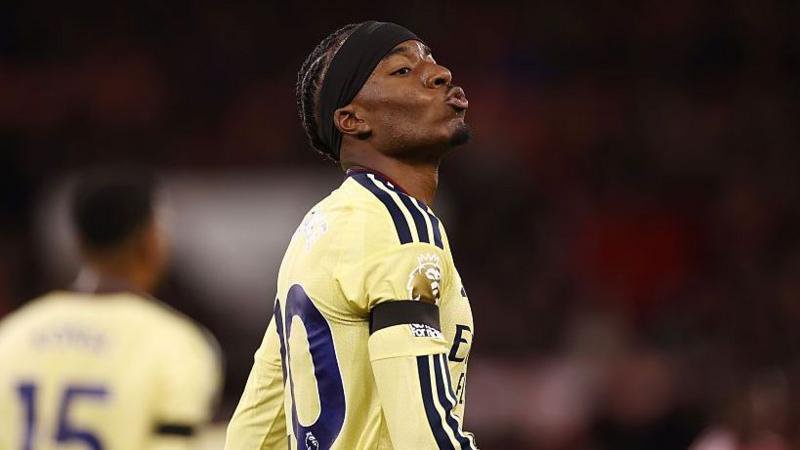 Noni Madueke of Arsenal blows a kiss as he celebrates after scoring their 1st goal during the Premier League 2026/27 match between Nottingham Forest FC and Arsenal FC.