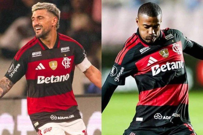 De Arrascaeta (esq.) e De la Cruz, do Flamengo, são sonhos de candidato à presidência do Peñarol -  (crédito: Fotos: Adriano Fontes e Gilvan de Souza / Flamengo)