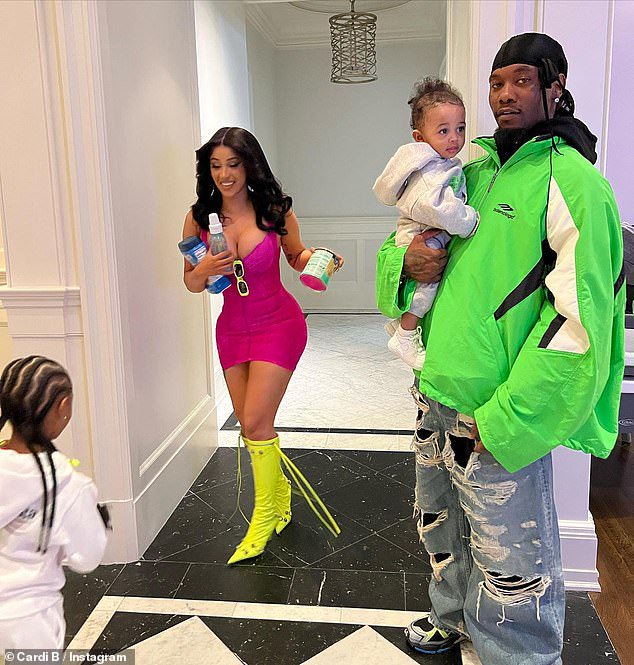 Cute: In January Cardi told fans that she was thinking about getting Wave's name tattooed; Pictured with Offset daughter Kulture, 4, and Wave, 11 months, on Mother's Day 2022