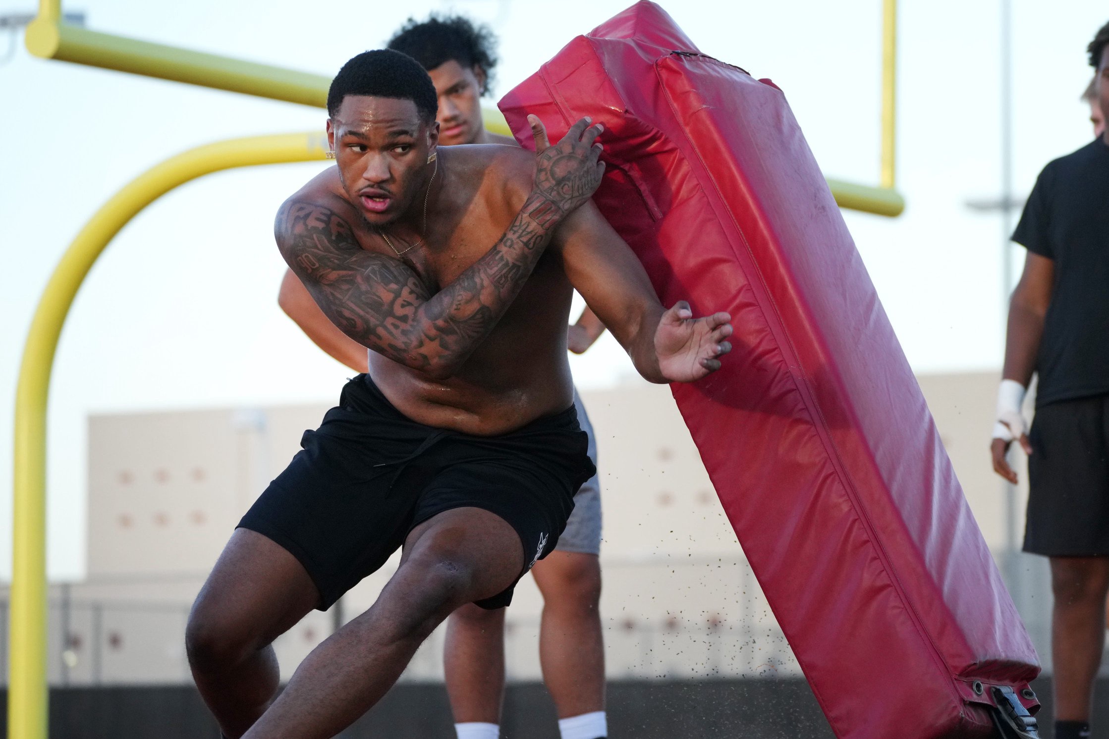 Desert Edge Scorpions defensive end Jalanie George practices with his team in Goodyear, Arizona, on Sept. 1, 2026.