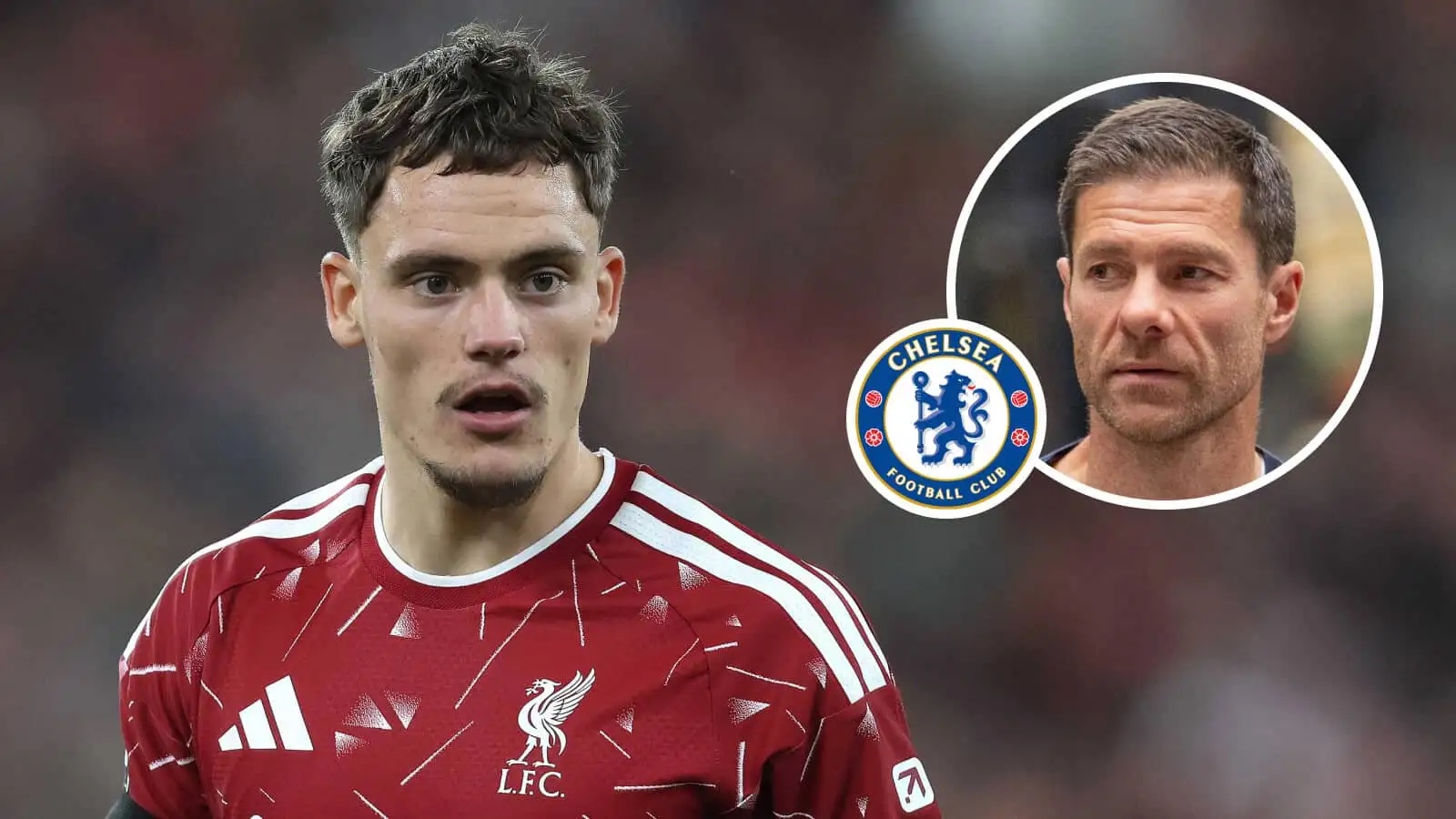 Liverpool midfielder Florian Wirtz, Chelsea badge and Chelsea manager Xabi Alonso - copyright TEAMtalk
