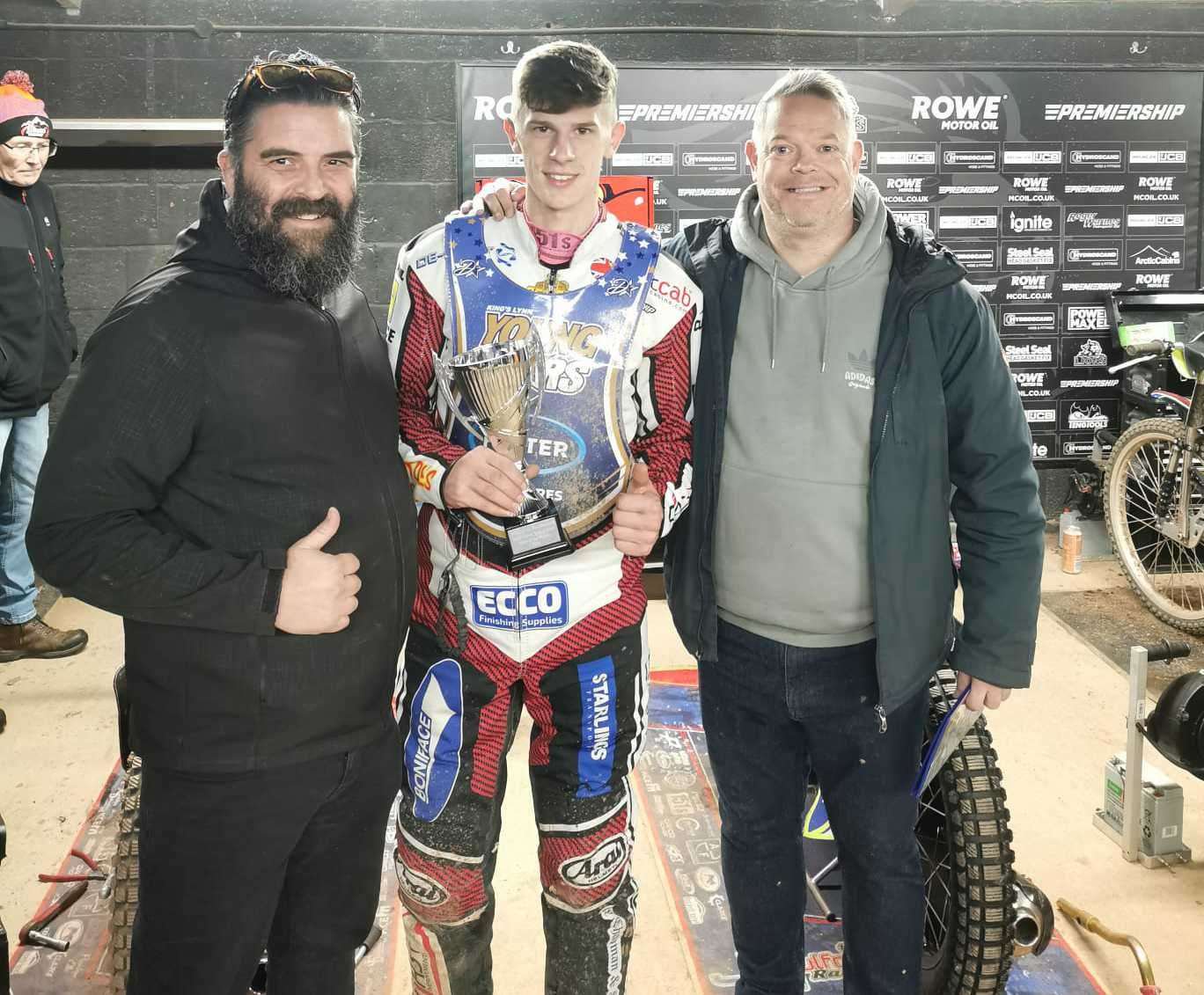 Nathan Bunting and Andrew Howell from the Pride of the East Podcast present Jake Mulford with Young Stars Rider of the Season trophy.