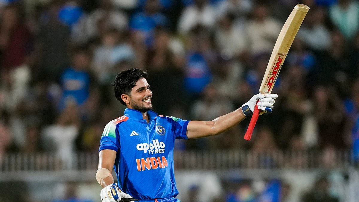 India's captain Shubman Gill celebrates his century during the second One Day International (ODI) cricket match between India and West Indies, in Guwahati, Assam, Wednesday, Sept. 30, 2026 