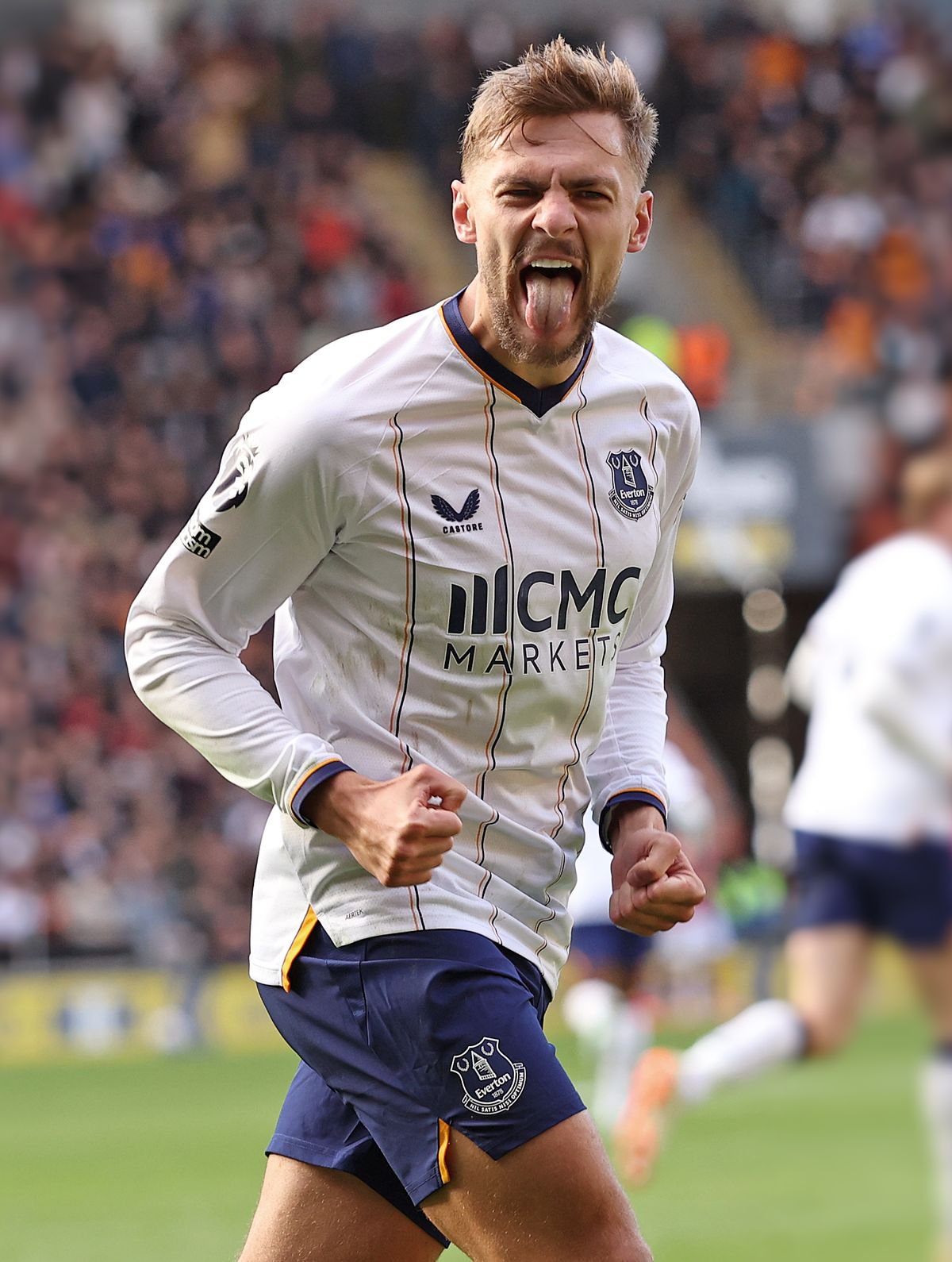 Kiernan Dewsbury-Hall celebrates scoring during the match between Hull City and Everton at MKM Stadium on October 11, 2026
