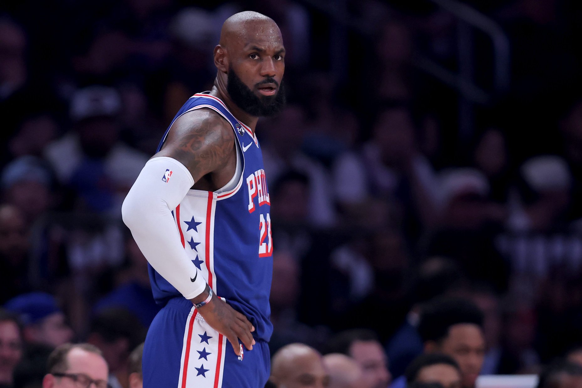 Oct 20, 2026; New York, New York, USA; Philadelphia 76ers forward LeBron James (23) during the first quarter against the New York Knicks at Madison Square Garden. Mandatory Credit: Brad Penner-Imagn Images