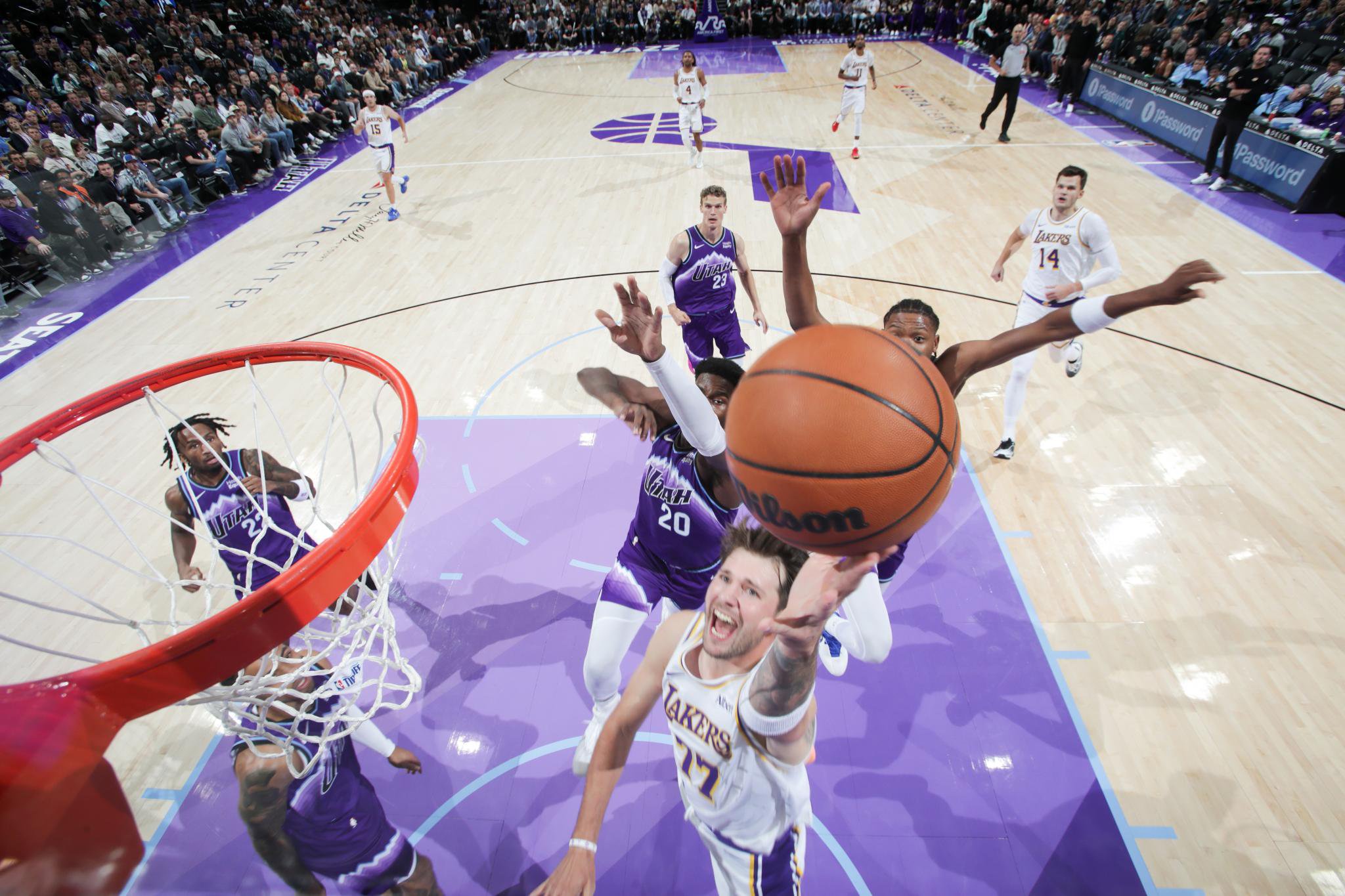 Luka Doncic drives to the basket during a game against the Utah Jazz.