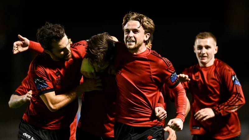 Ryan Burke of Bohemians, centre, celebrates with team-mates after scoring their side's second goal v Waterford, Premier Division, October 2026