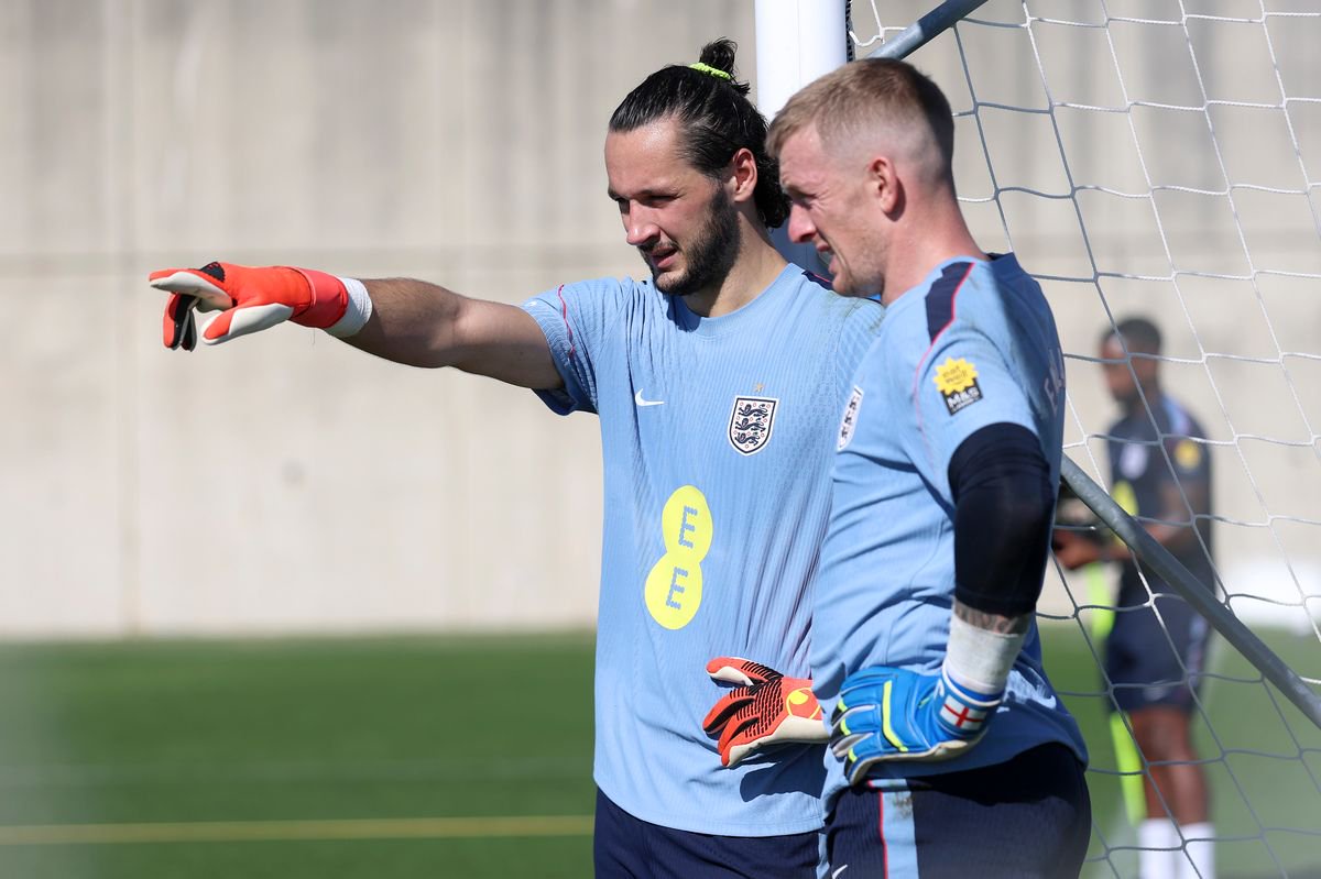 James Trafford and Jordan Pickford of England look on during a training session in Rijeka, Croatia, on October 1, 2026