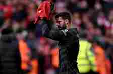 Alisson Becker of Liverpool showing his appreciation to the fans at the end of the Premier League match between Liverpool FC and Crystal Palace at Anfield on April 14, 2024 in Liverpool, England.
