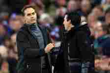 Julen Lopetegui manager of Wolverhampton Wanderers with Aston Villa Manager Unai Emery during the Premier League match between Aston Villa and Wolv...