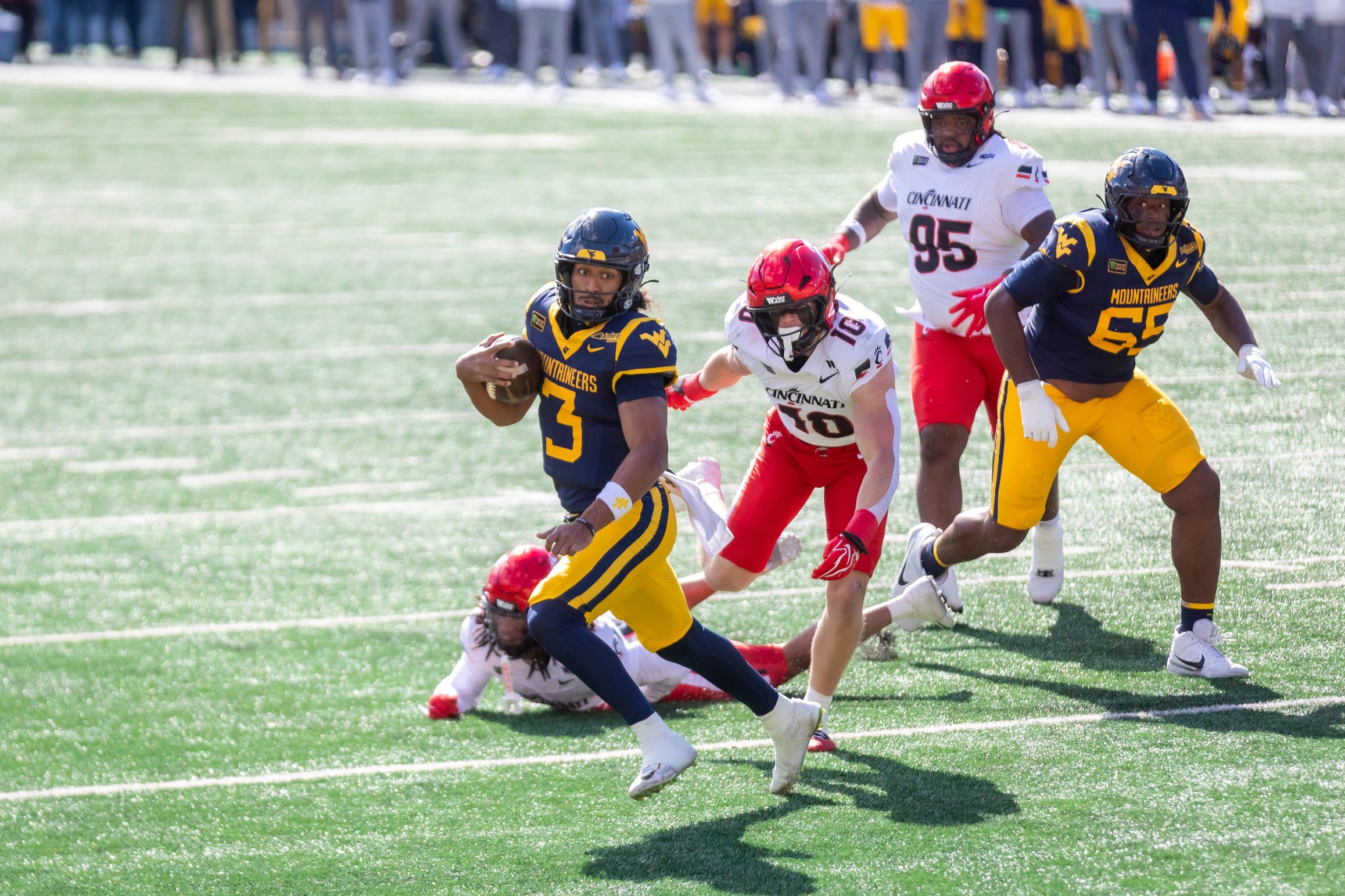 Oct 17, 2026; Morgantown, West Virginia, USA;  West Virginia Mountaineers quarterback Michael Hawkins Jr. (3) runs the ball for a touchdown during the second quarter against the Cincinnati Bearcats at Milan Puskar Stadium.  Mandatory Credit: Ben Queen-Imagn Images