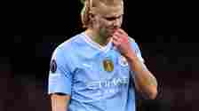 Erling Haaland of Manchester City reacts during the UEFA Champions League quarter-final second leg match between Manchester City and Real Madrid CF at Etihad Stadium on April 17, 2024 in Manchester, England.