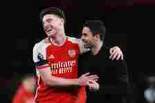 Mikel Arteta, Head Coach of Arsenal celebrates with Declan Rice after the Premier League match between Arsenal FC and Chelsea FC at Emirates Stadiu...