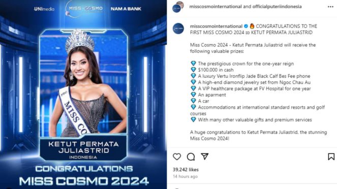 Hadiah yang Didapatkan Tata Juliastrid usai Juara Miss Cosmo 2024