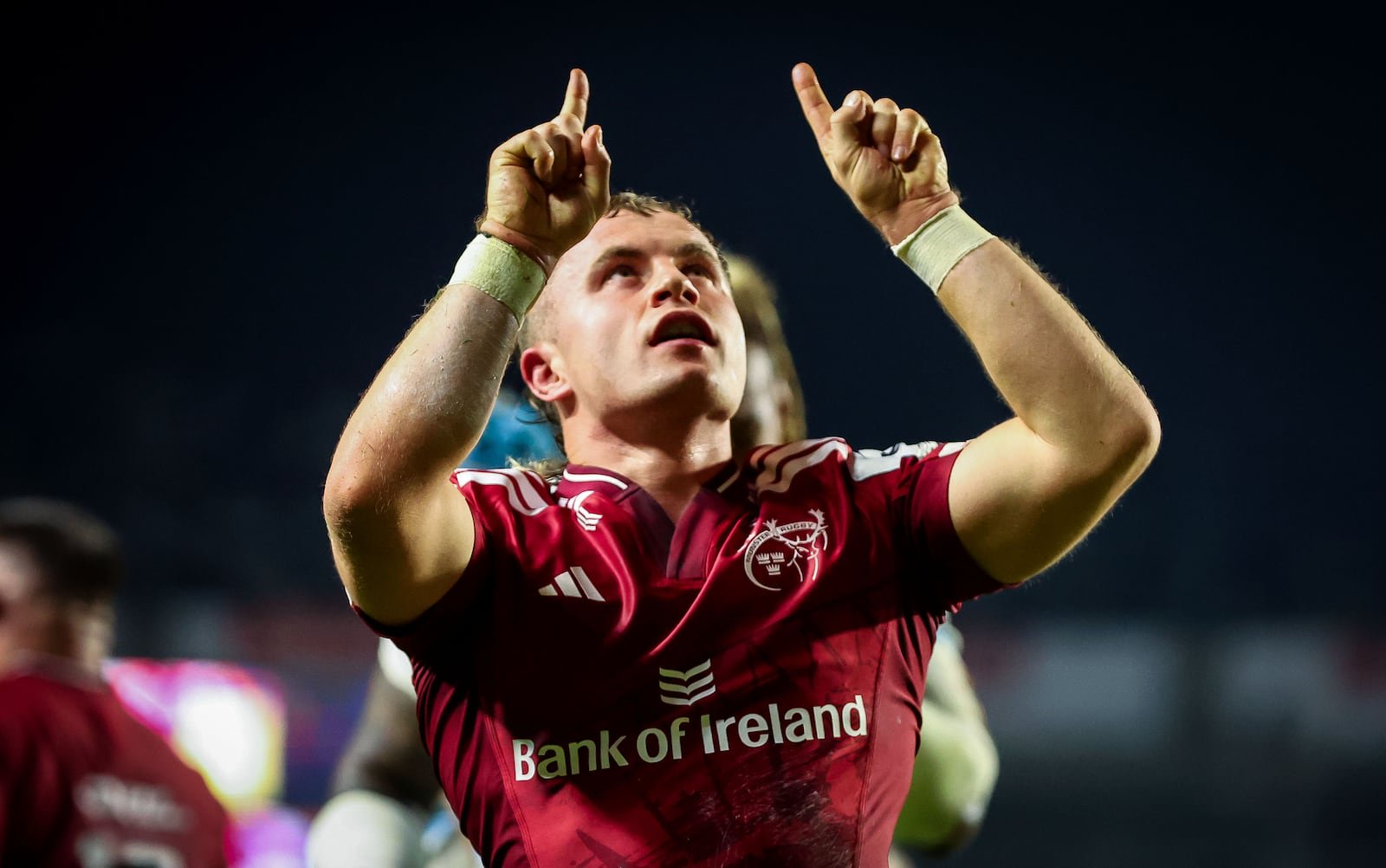 Munster's Craig Casey points to the sky after scoring his try against Racing 92 in Cork. Photograph: Dan Clohessy/Inpho