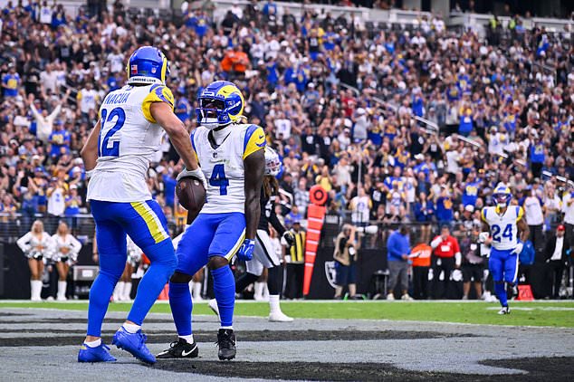Los Angeles Rams wide receiver Puka Nacua, left, celebrates after scoring a touchdown with teammate Konata Mumpfield during the first half of an NFL football game against the Las Vegas Raiders, Sunday, Oct. 25, 2026, in Las Vegas. (AP Photo/David Becker)